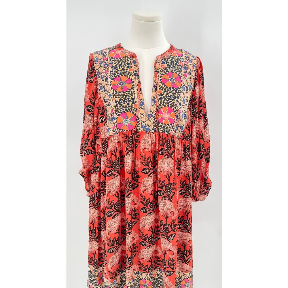 BA&SH Gaia Orange Floral Tunic Dress Boho Knee Length V-Neck Caftan L 3 Large